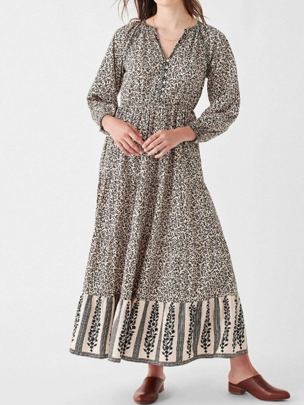 Cottage Prairie Boho Floral Block Print Faherty Black Cream Maxi Dress Large